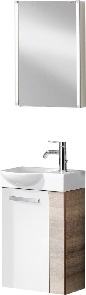 Fackelmann SBC A-VERO Gäste WC Set 4-teilig 45 cm, Braun hell/Weiß, links, Keramik Hahnloch rechts inkl. LED-Spiegel und Armatur