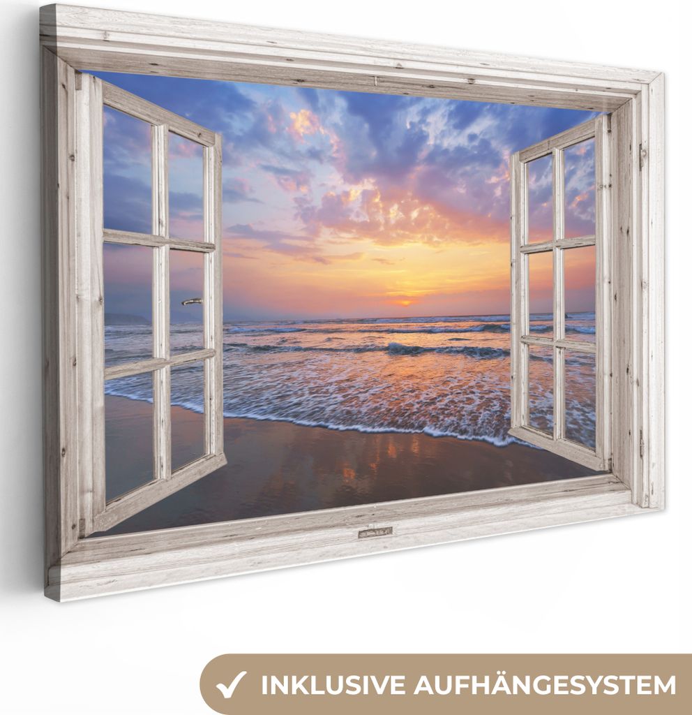 OneMillionCanvasses - Leinwandbilder - 140x90 cm, Aussicht - Meer - Strand - Sonnenuntergang - Blau, - Geöffnetes Fenster - Fensterblick Schlafz...