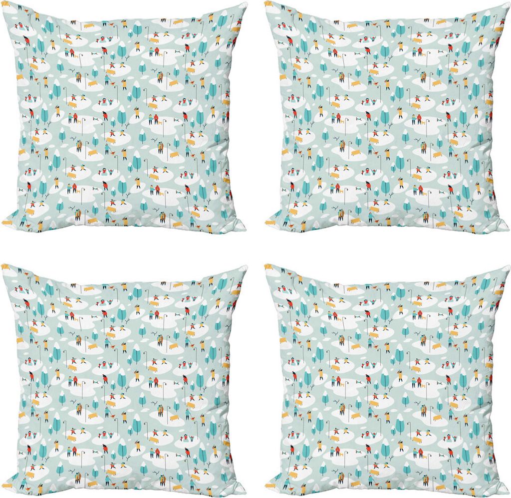 ABAKUHAUS Winter Kissenbezug Set (4 Stück), Weihnachten Menschen außerhalb, Moderner Doppelseitiger Digitaldruck, 45 cm x 45 cm, Seafoam Multicolor