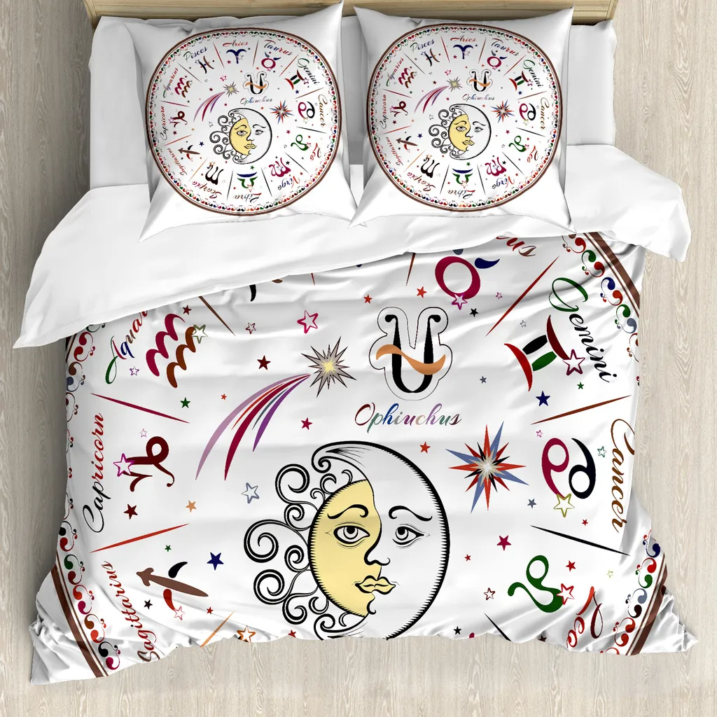ABAKUHAUS Copripiumino Zodiaco, Luna Sole e Segni, Antiacaro Adatto a chi soffre di allergie con federe, 155 cm x 220 cm - 80 x 80 cm, Multicolore
