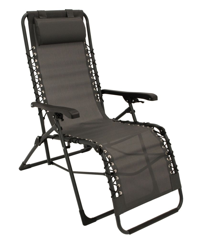 A dark gray zero gravity chair with a black metal frame is shown against a white background.