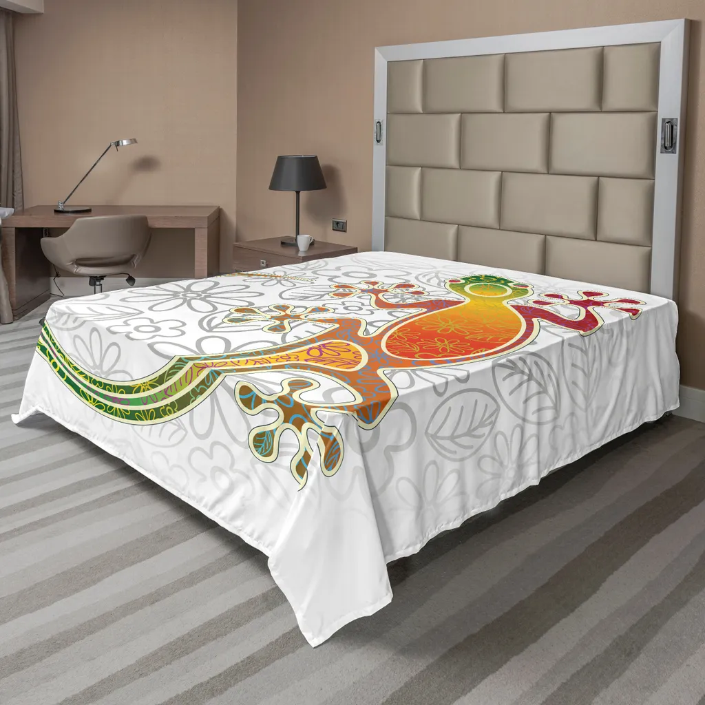 ABAKUHAUS Lenzuolo batik, disegno grafico con geco domestico comune del Sud-Est asiatico, lucertola lunare, mostro tropicale, lenzuolo morbido e confortevole per un letto decorativo 1 pezzo 266 cm x 260 cm, multicolore