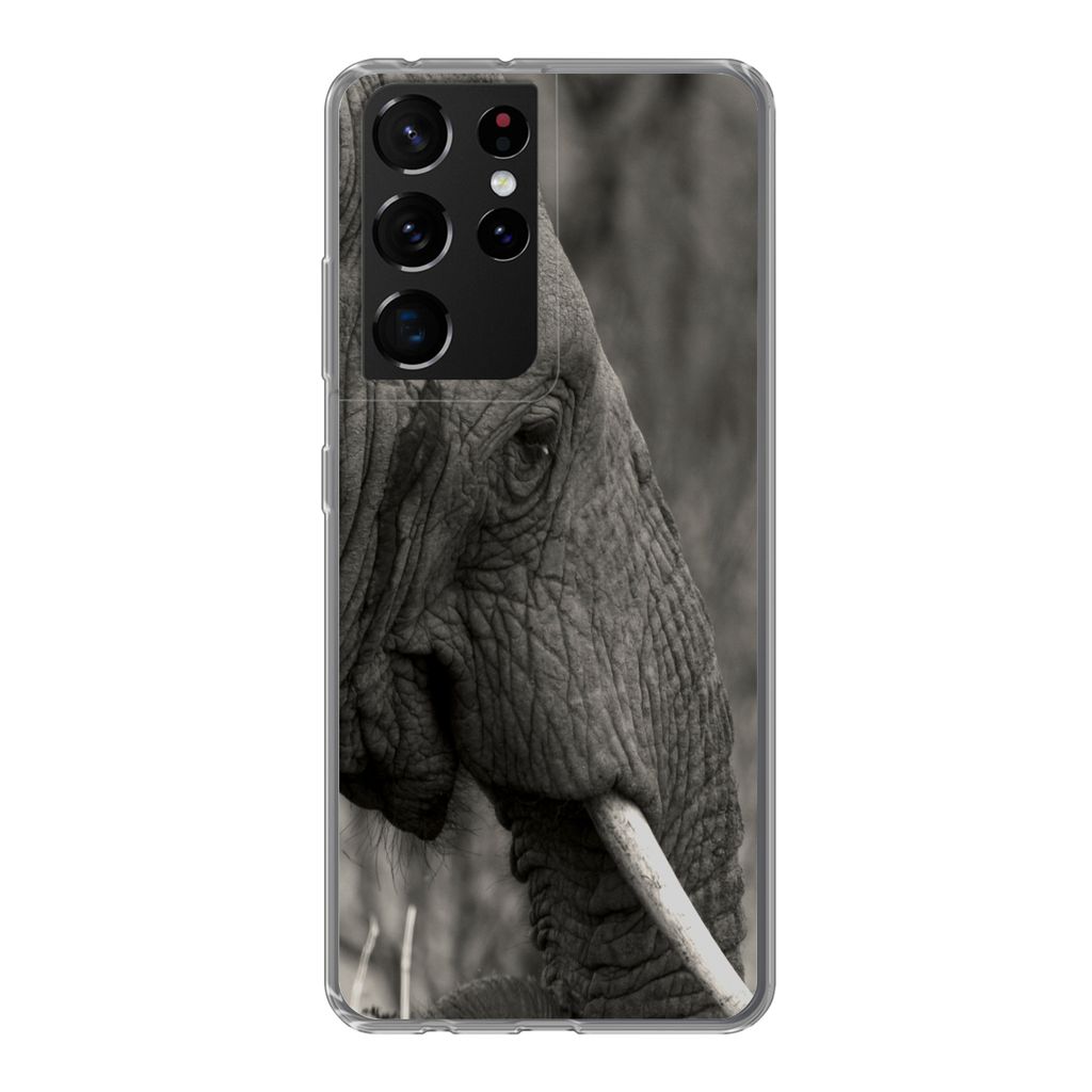 MuchoWow Handyhülle Schutzhülle Hülle für Samsung Galaxy S21 Ultra Elefant - Tiere - Schwarz - Weiß Silikon Softcase Handy Hülle - Mobiltel...