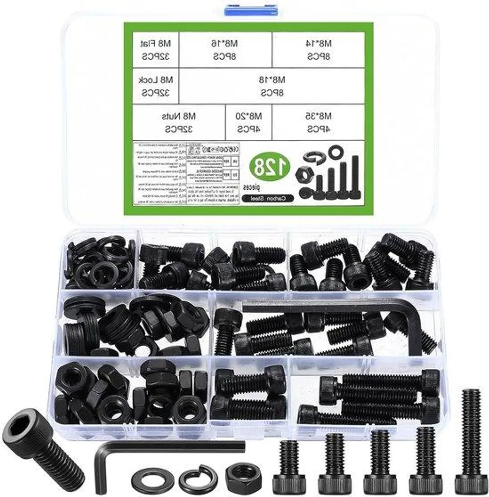 Ne manquez plus de vis M8 avec ce kit complet de 128 pièces noires robustes