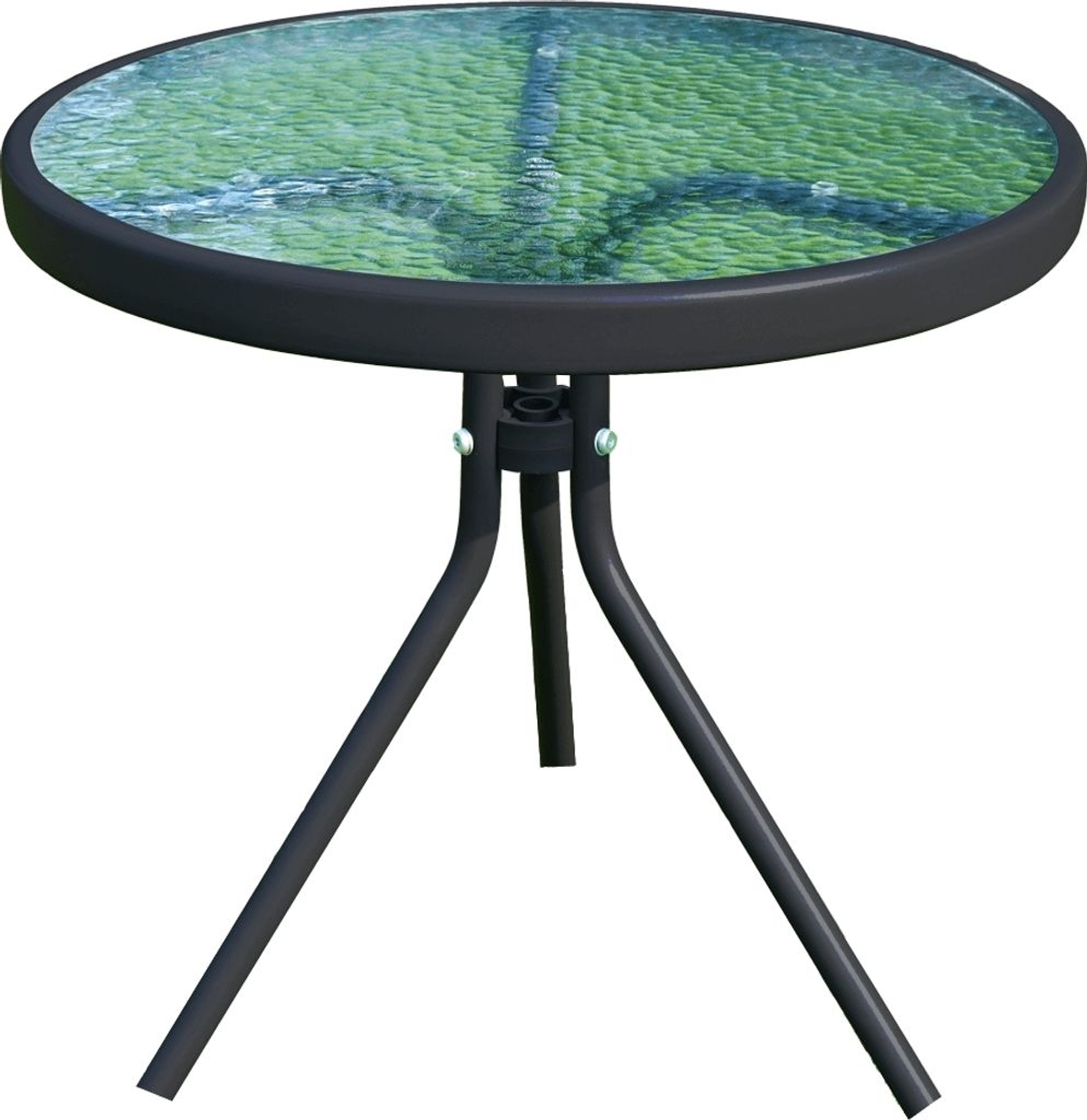 A round glass-top side table with a black metal frame and three legs, set against a white background.