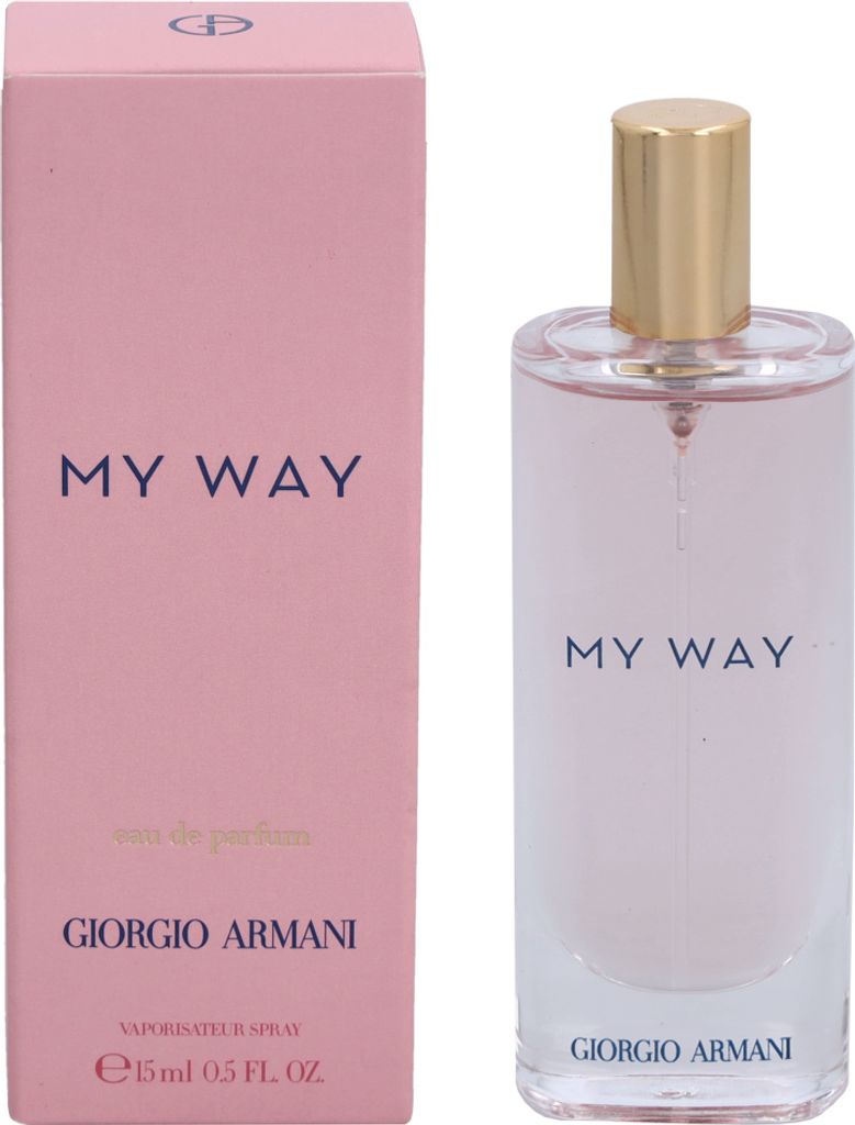 A pink box and a clear glass bottle of Giorgio Armani My Way Eau de Parfum are displayed side-by-side against a white background.