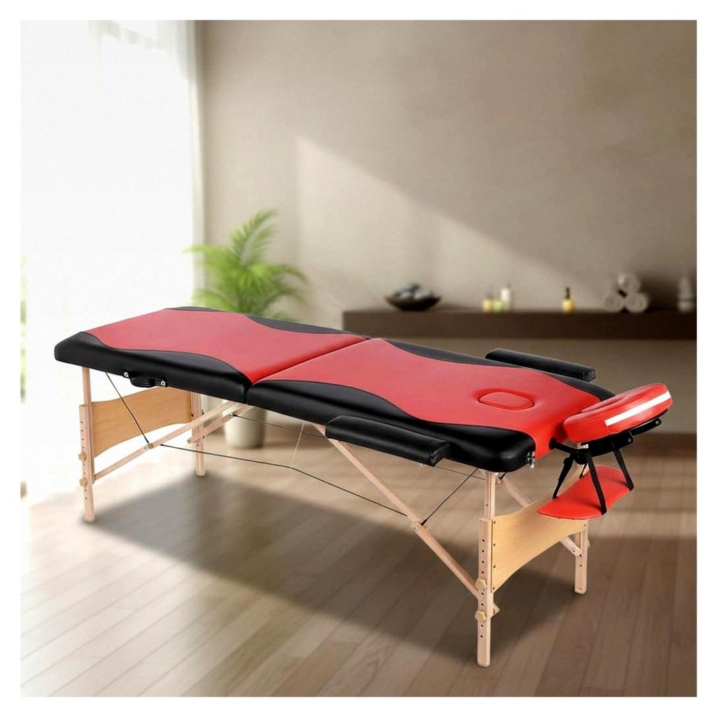 Massageliege 2 Zonen Holz | klappbar und höhenverstellbar | Portable Massagebank mit Zubehör Kopfstütze, Armlehnen und Tragetasche - Rot/Schwarz