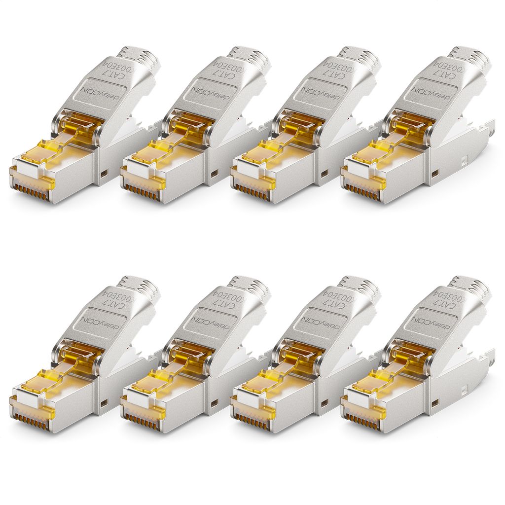 deleyCON 8x CAT 7 Netzwerkstecker Stecker RJ45 Werkzeuglos Geschirmt 10 Gbit/s 600 MHz Netzwerk Stecker für Starre Verlegekabel Rohkabel Steckverb...