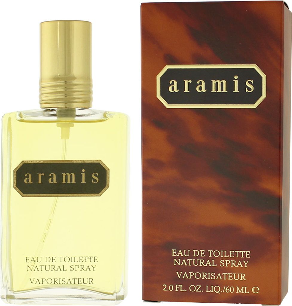 A bottle of Aramis eau de toilette and its packaging are displayed side-by-side against a white background.