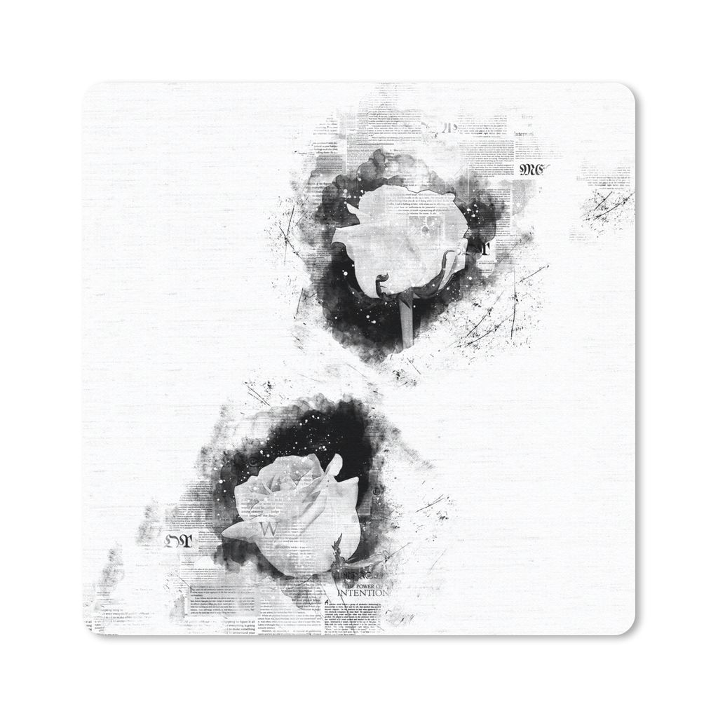 MuchoWow Mauspad Mousepad Rosen - Blumen - Rauch - Zeitungspapier - Schwarz - Weiß 30x30 cm - Mousepads - Maus Mat - Pad - Mausunterlage - Gaming