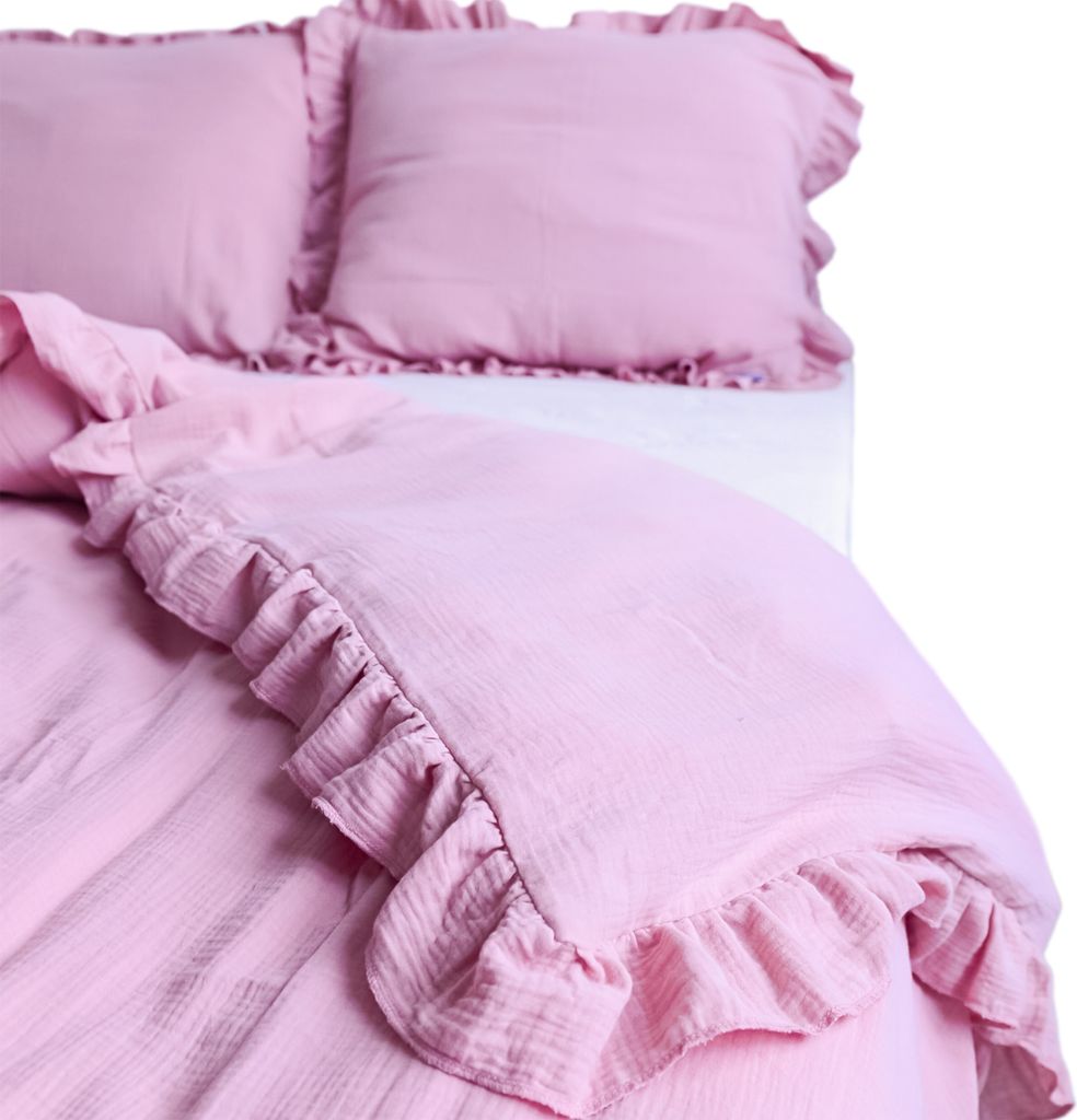 Musselin Bettwäsche Mit Rüschen Set Schlafzimmer Bettdeckenbezug 160X200 Cm + 2 Kissenbezüge 70X80 Cm Boho Rosa