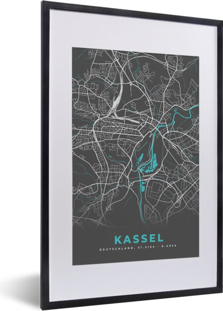 MuchoWow Gerahmtes Poster Stadtplan - Kassel - Deutschland - Karte 40x60 cm - Poster mit Schwarzem Bilderrahmen Wandposter Rahmen Foto Bilder - P...