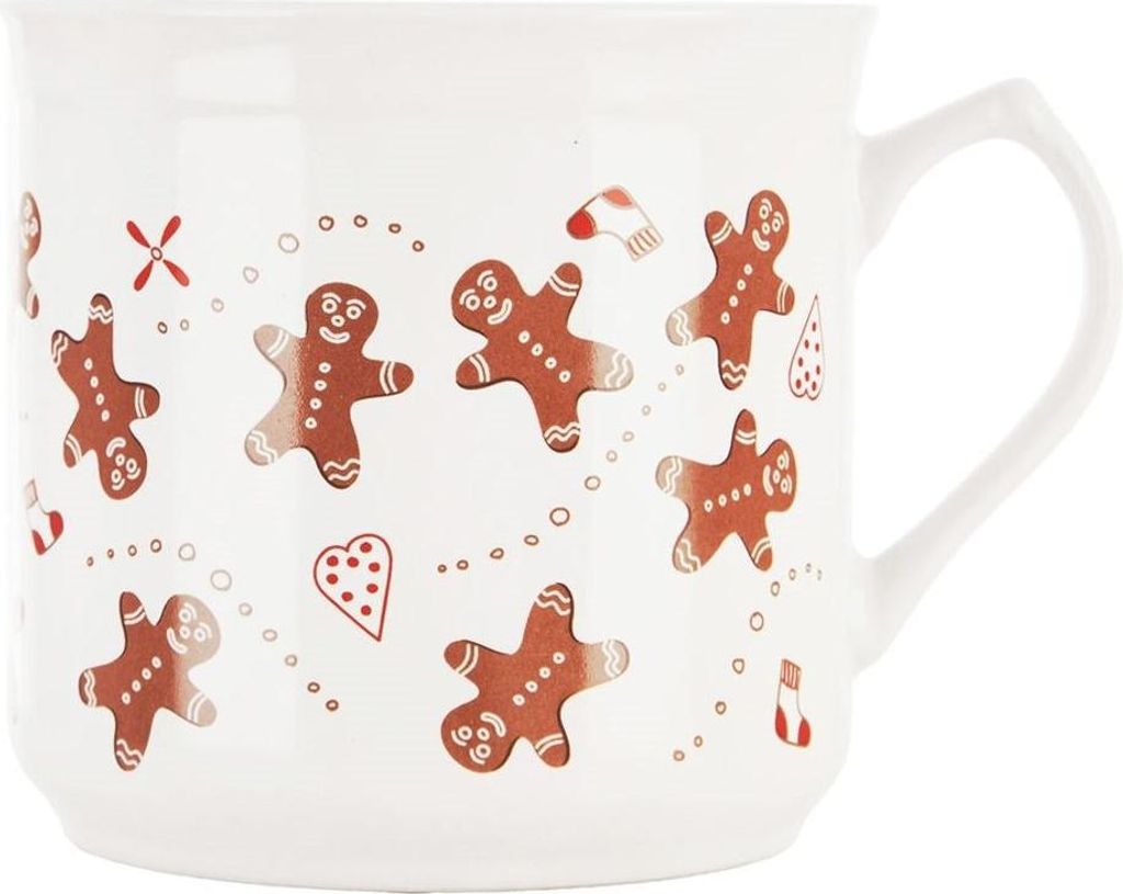 A white ceramic mug with a gingerbread man pattern.