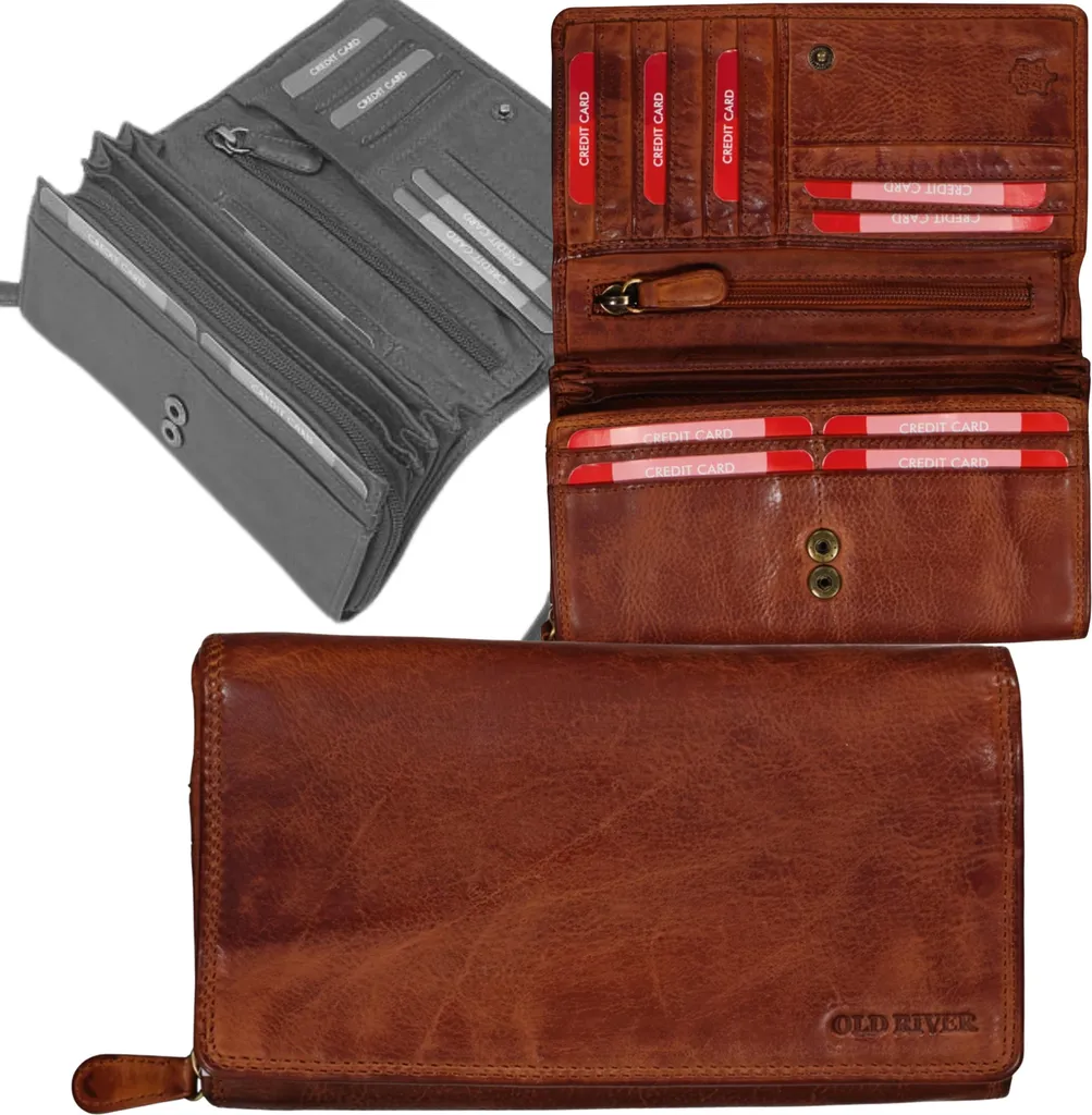 Portefeuille cuir fermeture éclair et pression Old River cognac brun