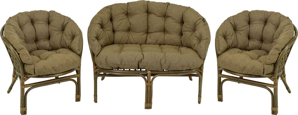 A set of three rattan furniture pieces: two chairs and a loveseat, all with brown cushions, displayed against a white background.