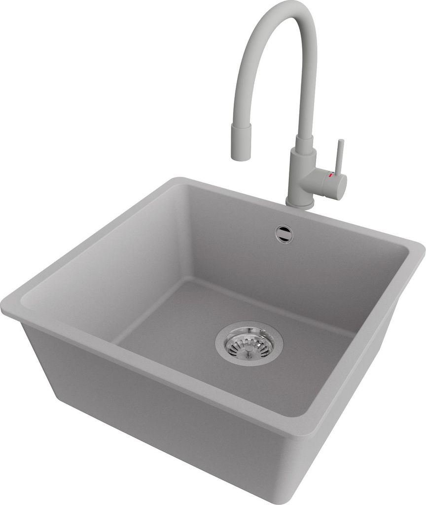 PRIMAGRAN Unterbauspüle Granit Grau 46x44cm, Spülbecken 1 Becken + Küchenarmatur 38x14cm + Ablauf-Set, Granitspüle ab 50er Unterschrank - Vened...