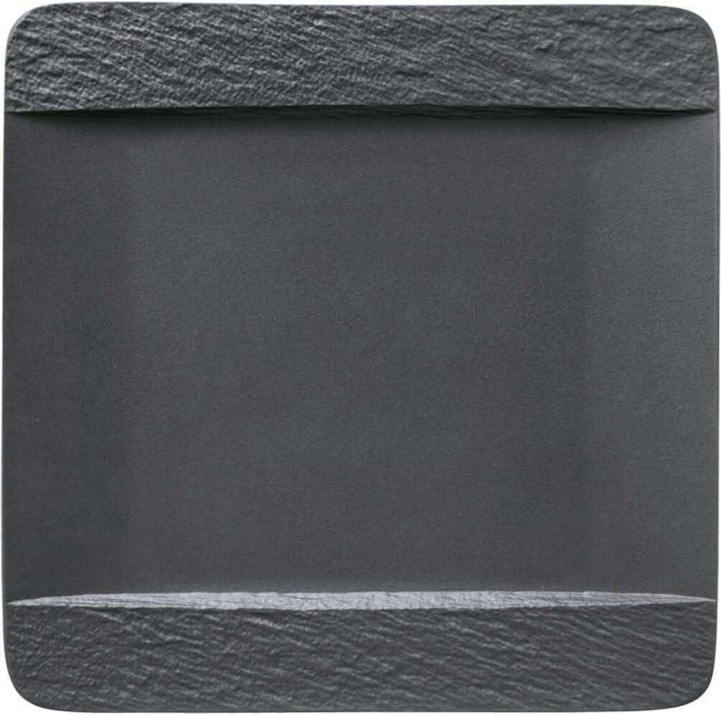 A square plate with a textured rim on the top and bottom edges, set against a plain gray background.