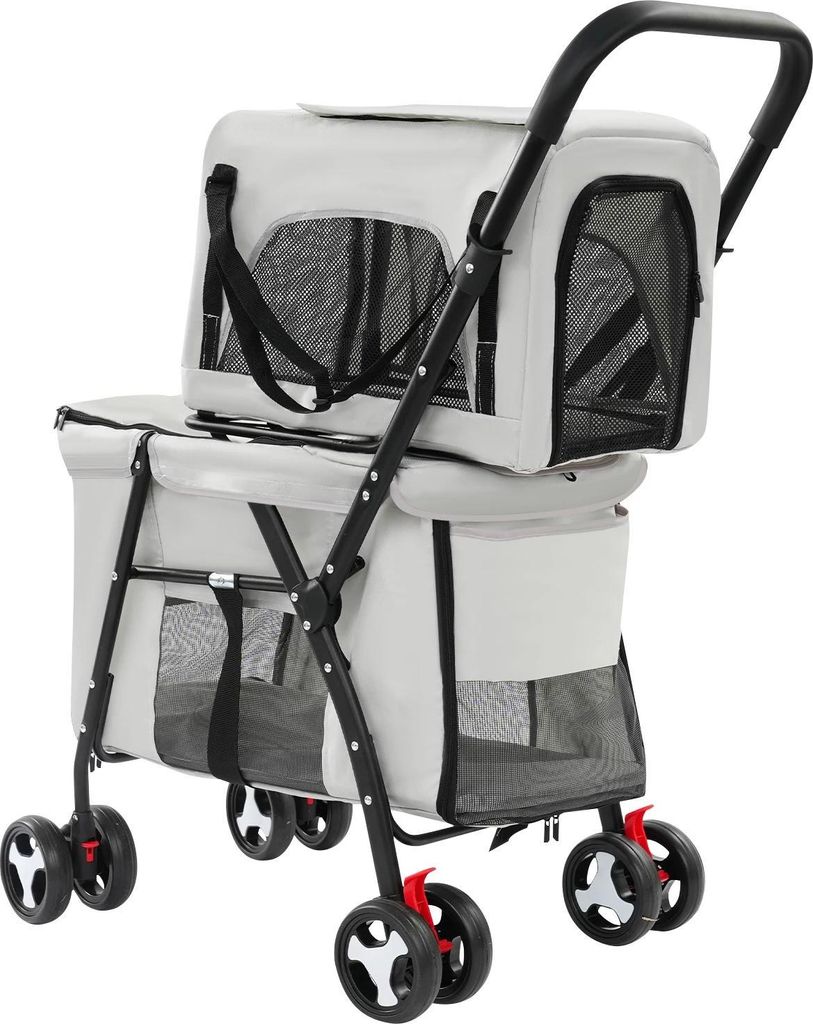 Doppelstock Katzenbuggy - Haustierwagen - Faltbar - Mit abnehmbarer Transportbox - Reißverschluss - Metallrahmen - Für mittelgroße Katzen