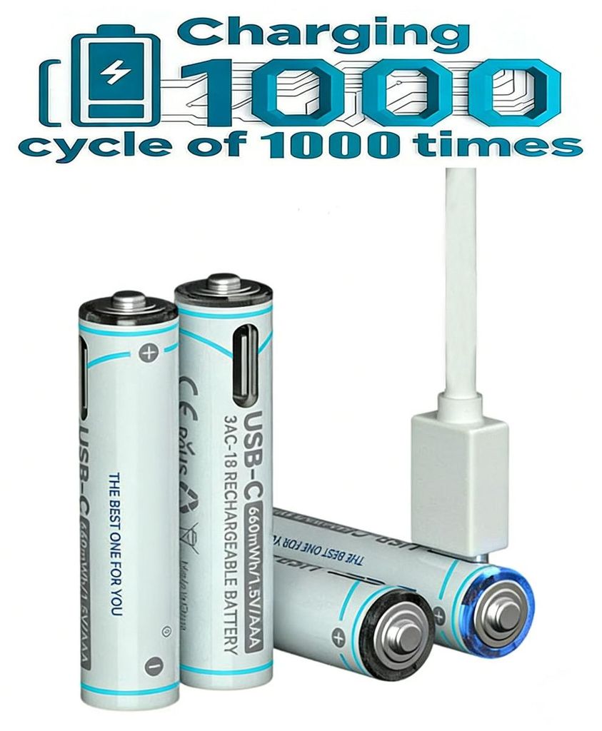 Akku AAA Typ-C Anschluss Li-Ion 660mWh 1,5V, 4 Stueck, wiederaufladbar fuer Fernbedienung, Controller, Spielzeug, Funkgeraet uvm