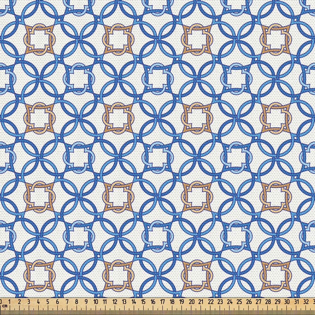 ABAKUHAUS Quatrefoil Gewebe als Meterware, Ancient Delfter Blau inspirierte Muster komplizierte alte holländische Fliesenmotive, 1 M (148 x 100 cm...