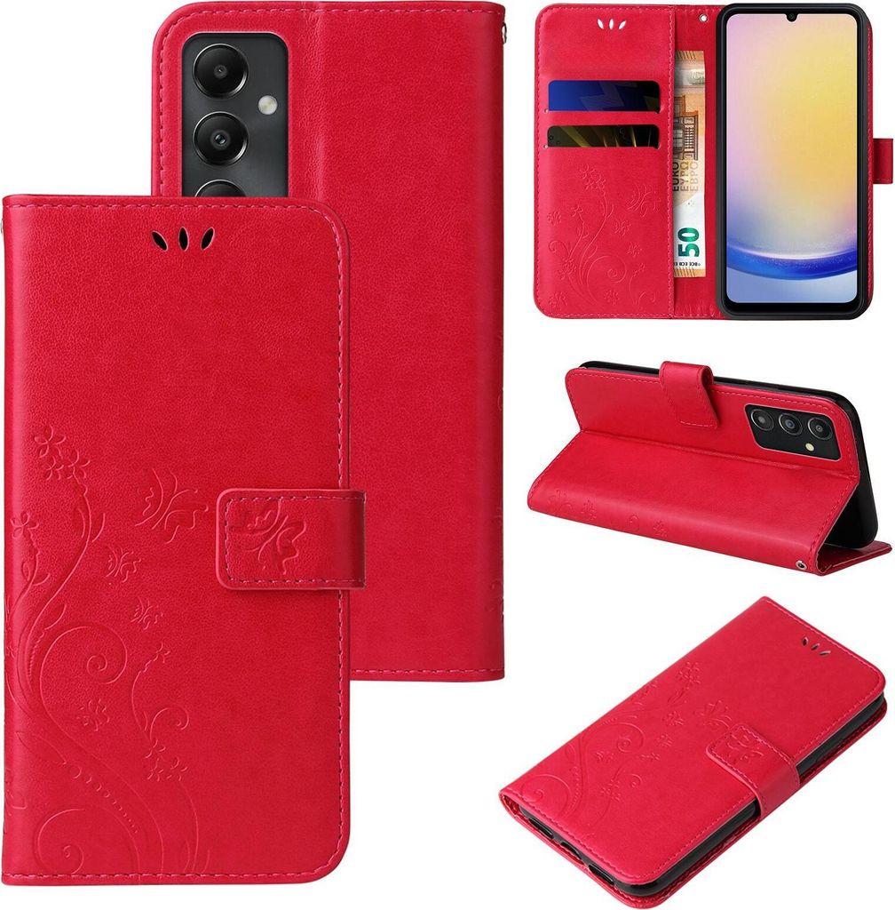 Handyhülle für Samsung Galaxy A25 5G Floral Blumen Schmetterling Flip Cover Hülle Case Klapphülle Handytasche Farbe: Rot