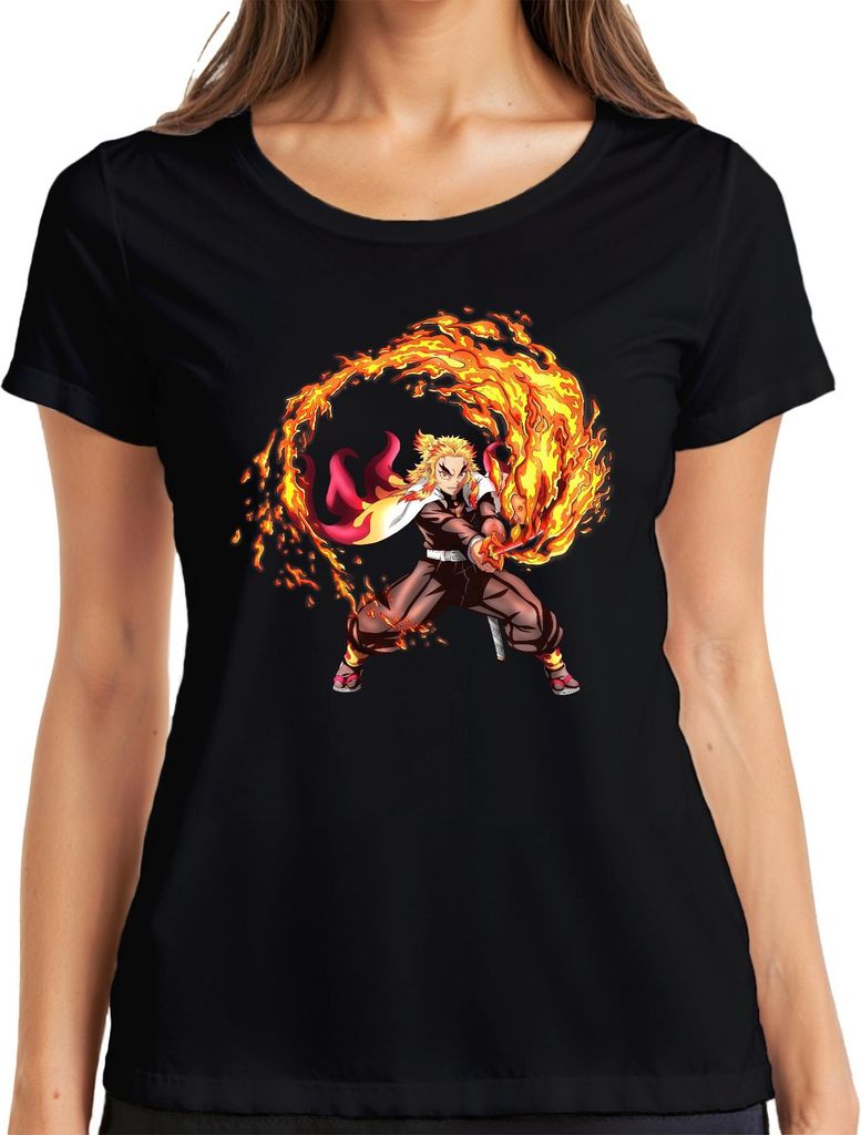 Rengoku Flammen Hashira Anime Kampf Samurai Geschenk Damen T-Shirt, Schwarz, S