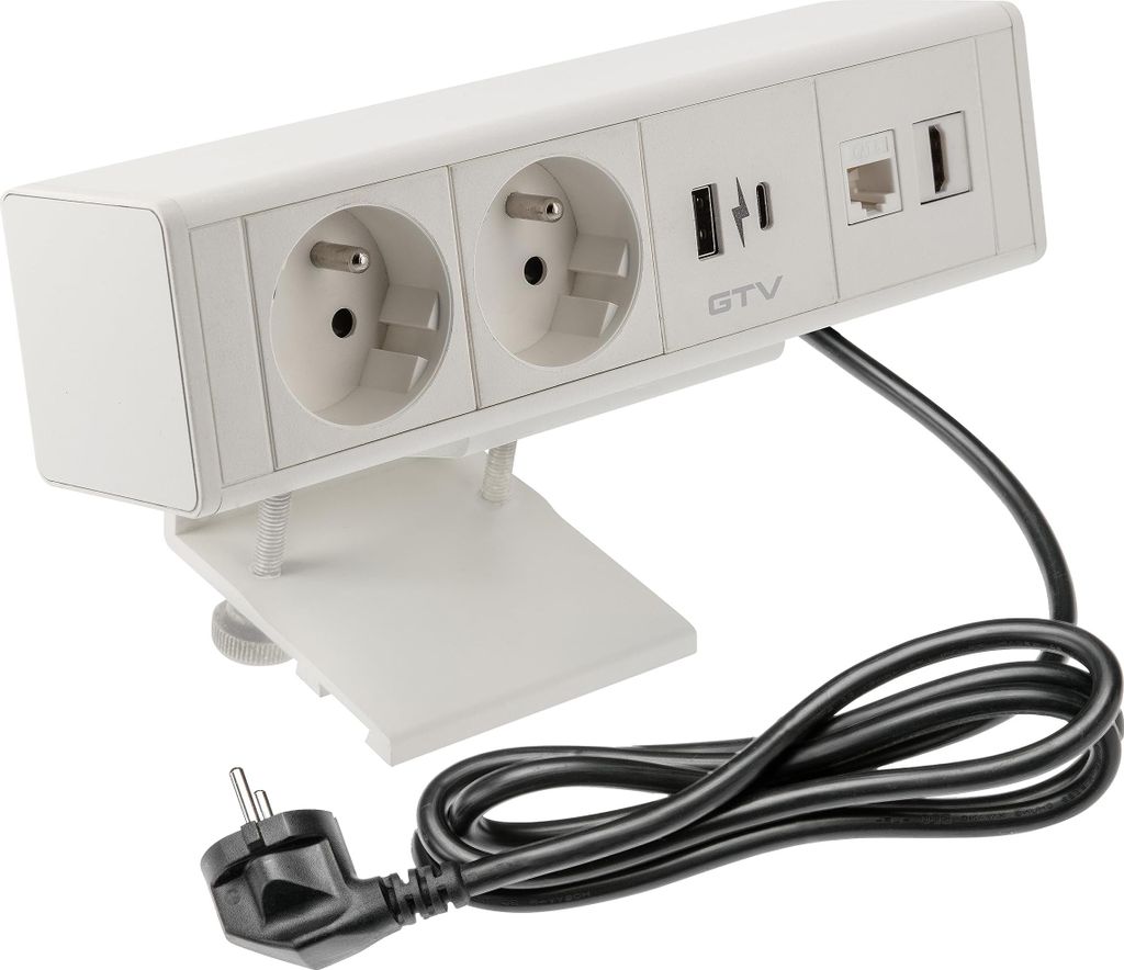 GTV - Möbelsteckdose BAR, Mehrfachsteckdosen, 2X French Steckdose, 1x USB A, 1x USB C, 1x RJ45 1x HDMI, Kabellänge 1,5m, Farbe Weiß, für Schrei...