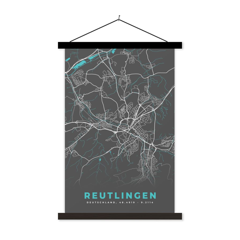 MuchoWow Textilposter Stadtplan - Karte - Reutlingen - Blau - Deutschland - Karte 120x180 cm mit schwarzem Rahmen - Fotos