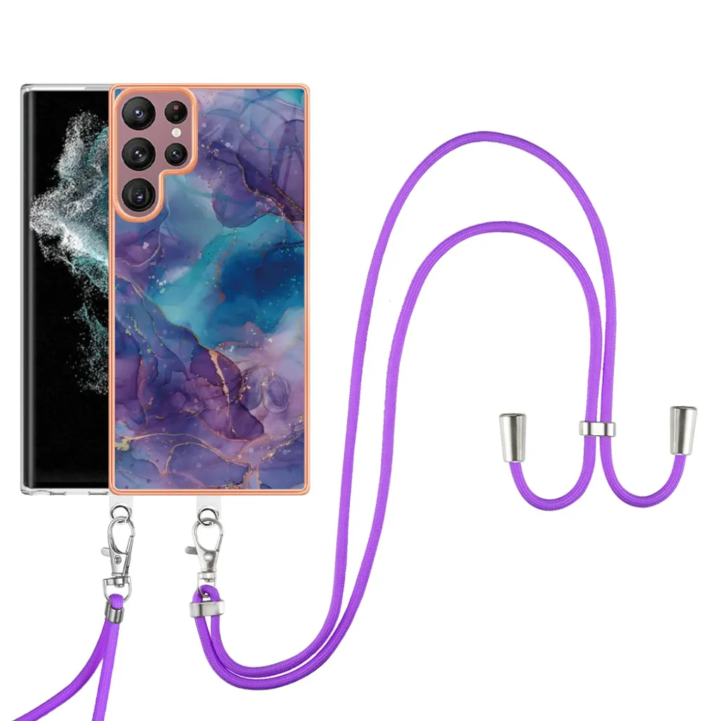 Custodia con cinturino per Samsung Galaxy S23 Ultra, bumper in TPU a fantasia, custodia protettiva con cinturino regolabile Viola - 1