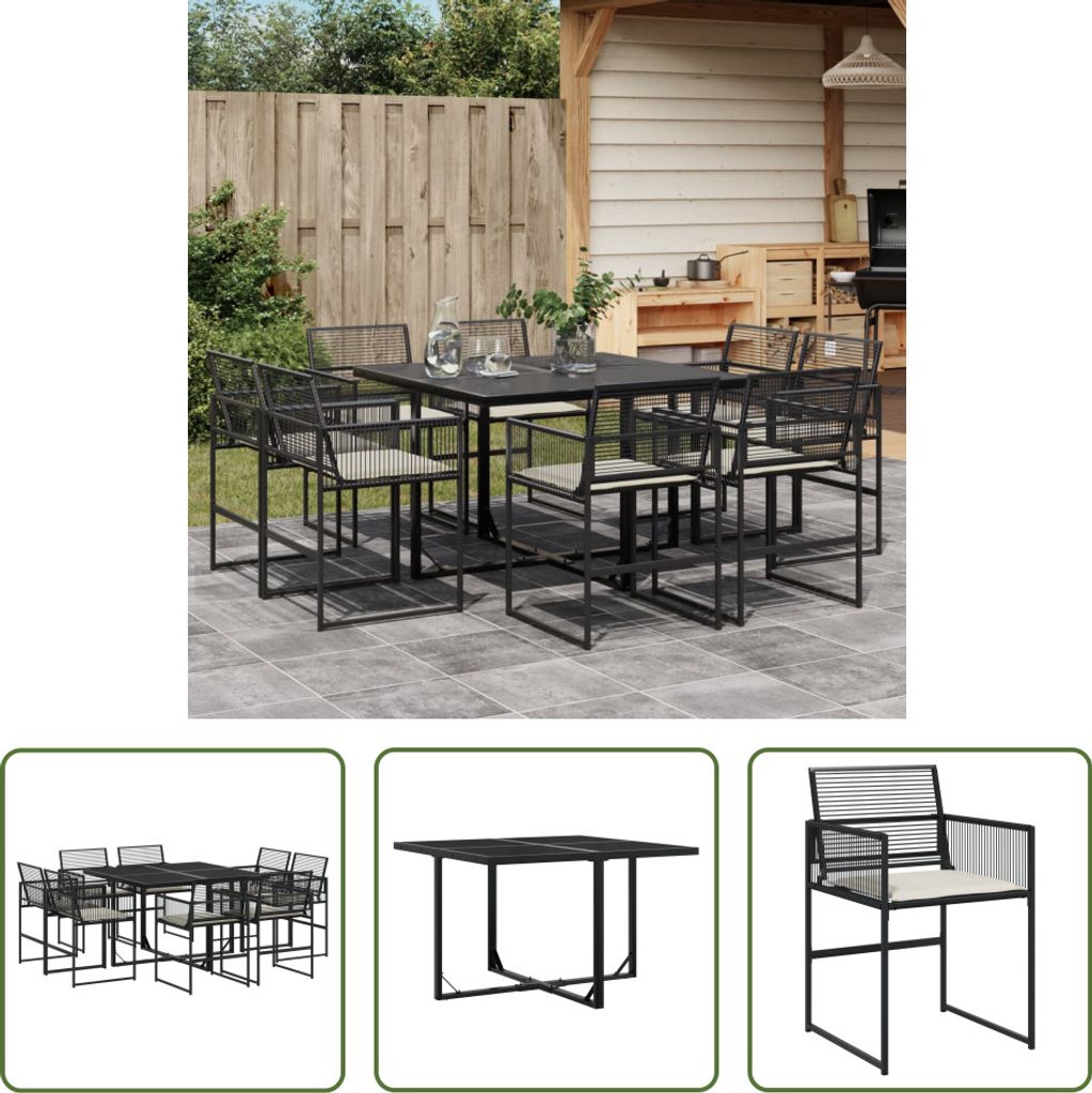 The Living Store 9-tlg. Garten-Essgruppe mit Kissen Schwarz Poly Rattan