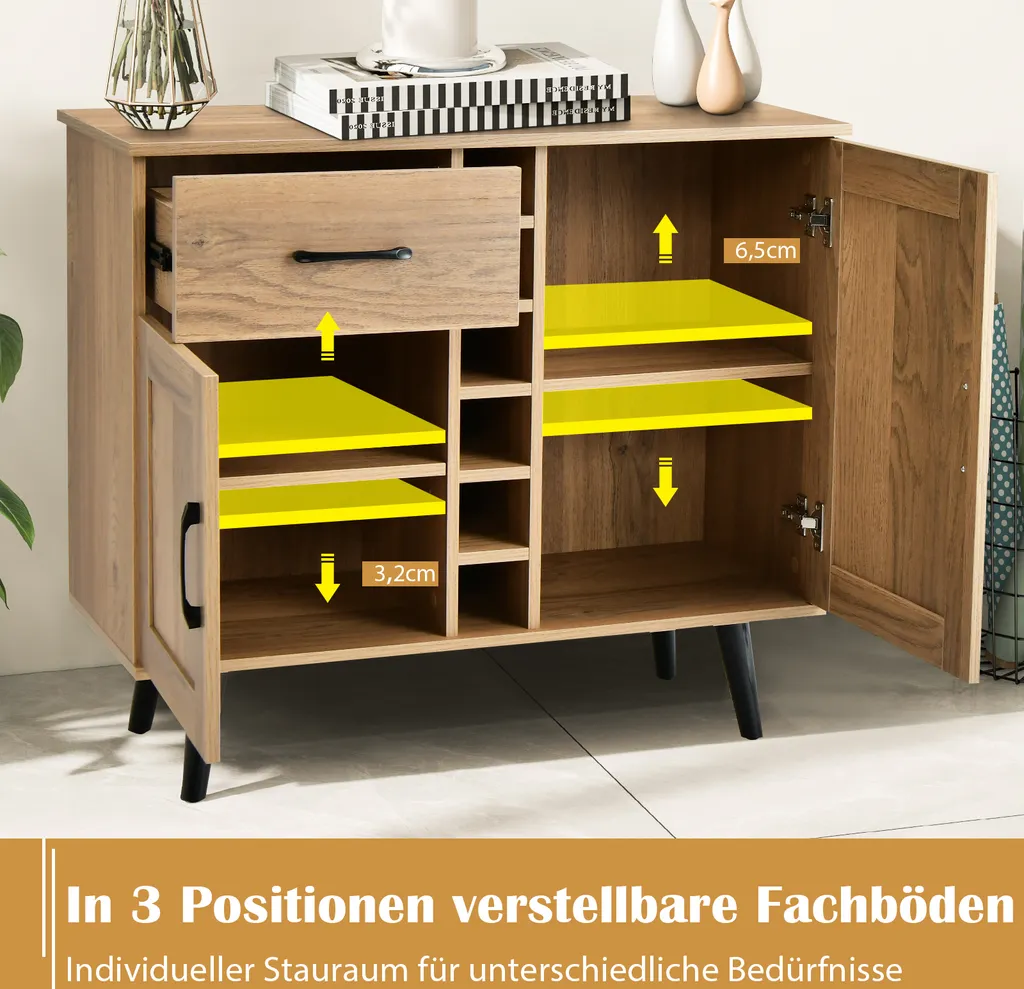Buffet avec étagères réglables et casier à vin, commode mobile naturelle