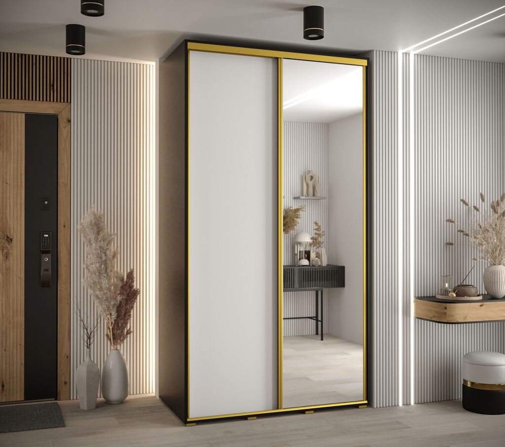 Kleiderschrank ASIRI 3 – 130/60 cm, schwarz/weiß/gold