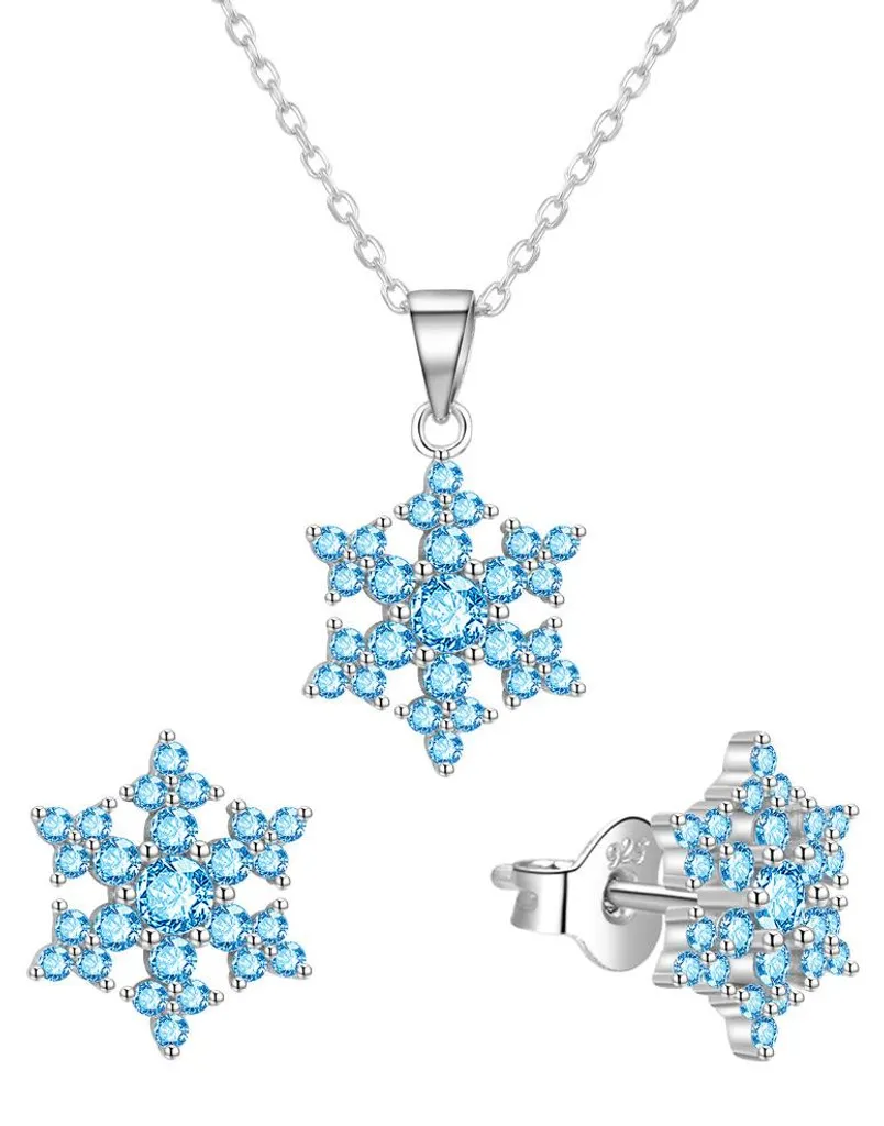 Bijoux flocon neige zircon bleu en argent 925 étincelant avec chaîne