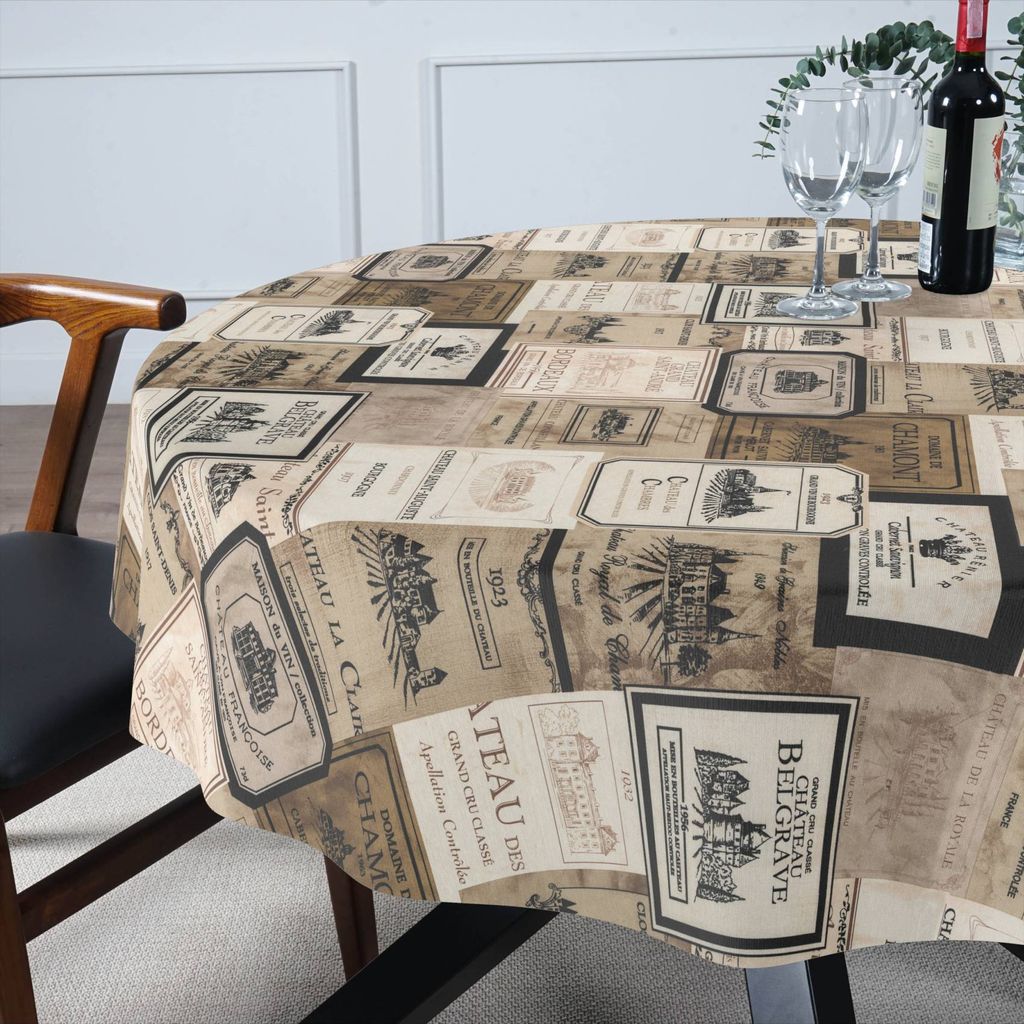 Tischdecke Wein aus Stoff mit Digitalprint Tischtuch EasyClean ACRYL Beschichtet Tischwäsche Digitaldruck Beige Rund 120cm mit Schnittkante