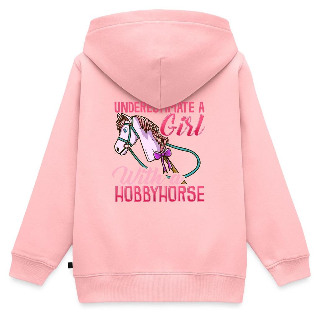 Spreadshirt Never Underestimate A Girl With A Hobbyhorse Kinder Premium Organic Zip Hoodie, 122/128 (6 Jahre), Rosa