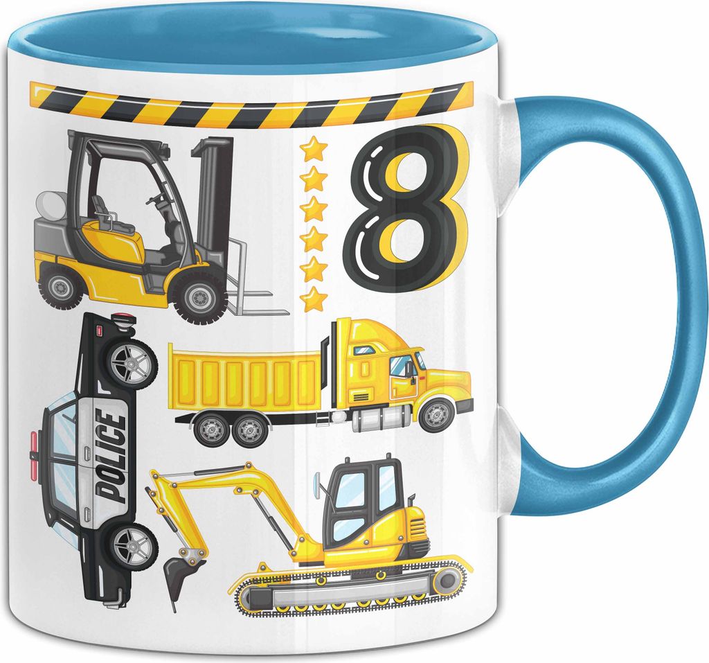 8. Geburtstag Geschenk Tasse Becher Jungen Jungs Baustelle Polizei Geburtstagsgeschenk 8 (Blau)