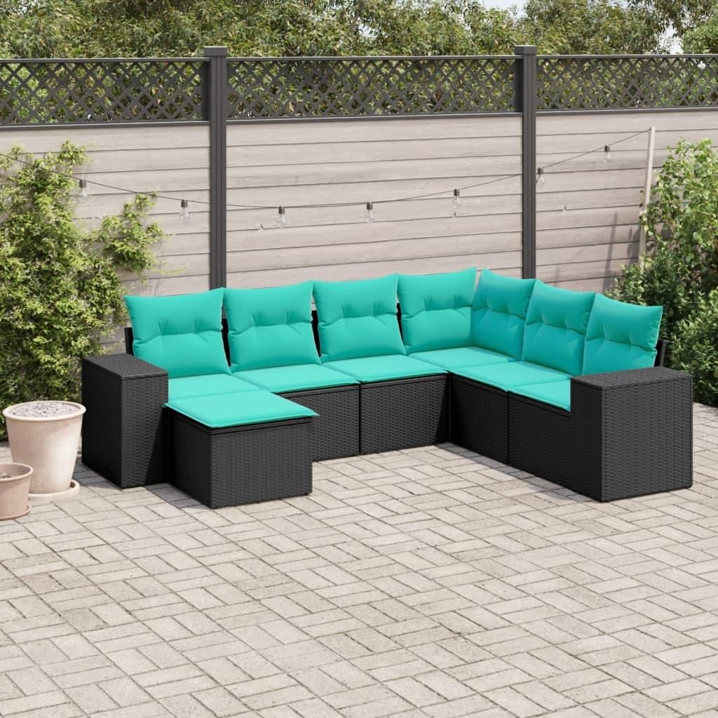 Möbel 7-teiliges Gartensofa-Set mit Kissen, schwarzes Polyrattan - Gartenmöbelgarnituren 3222896