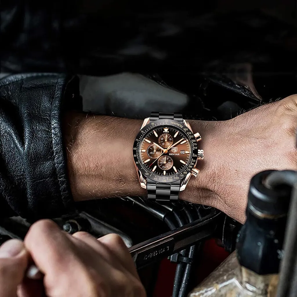 Orologio Uomo Cronografo Al Quarzo Con Cinturino In Pelle – Stile Militare Sportivo, Impermeabile 3 ATM, Regalo Con Scatola