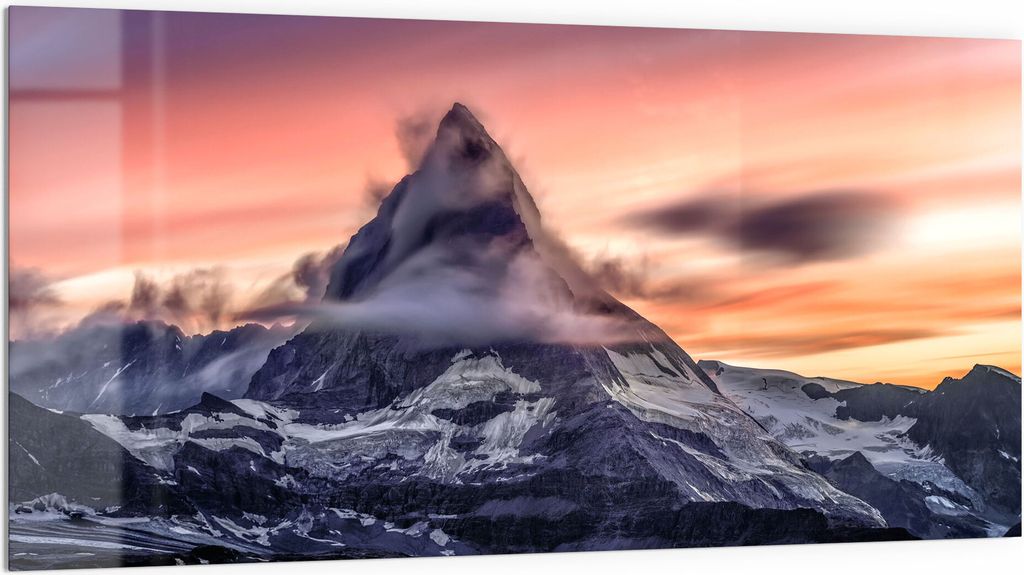 DEQORI Küchenrückwand Glas 100x50 cm 'Sonnenaufgang Matterhorn' Spritzschutz Bad Rückwand