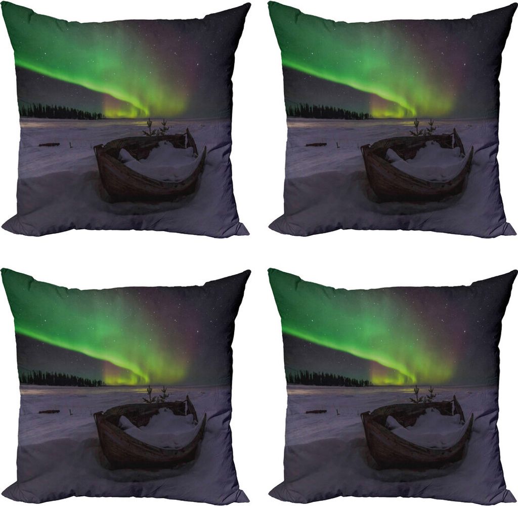 ABAKUHAUS Nordlicht Kissenbezug Set (4 Stück), Boot und Galaxy, Moderner Doppelseitiger Digitaldruck, 50 cm x 50 cm, Mehrfarbig