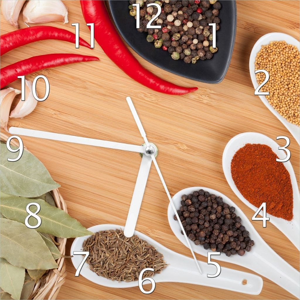 Wallario Design Wanduhr Gewürze und Kräuter auf Löffeln und in Schalen aus Echtglas, Größe 20 x 20 cm