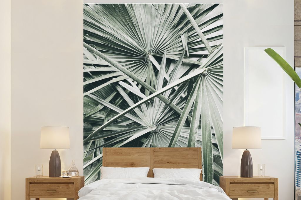 MuchoWow Fototapete für Wohnzimmer oder Schlafzimmer Wandtapete Vinyl Motivtapete Tropisch - Palmenblatt - Grün - 225x350 cm - Schlafzimmer tapete