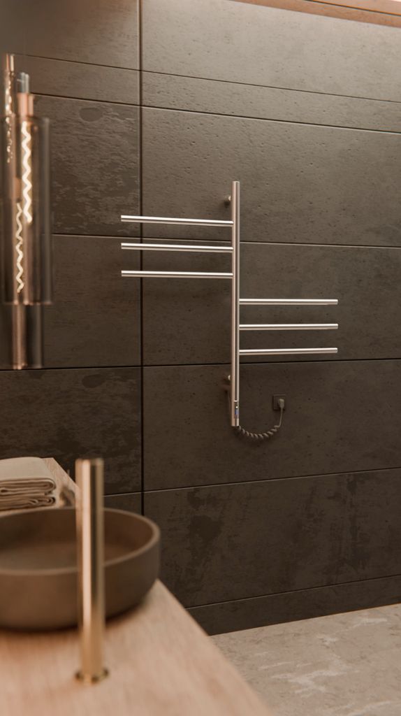 A modern bathroom setting with a wall-mounted towel warmer and a sink.