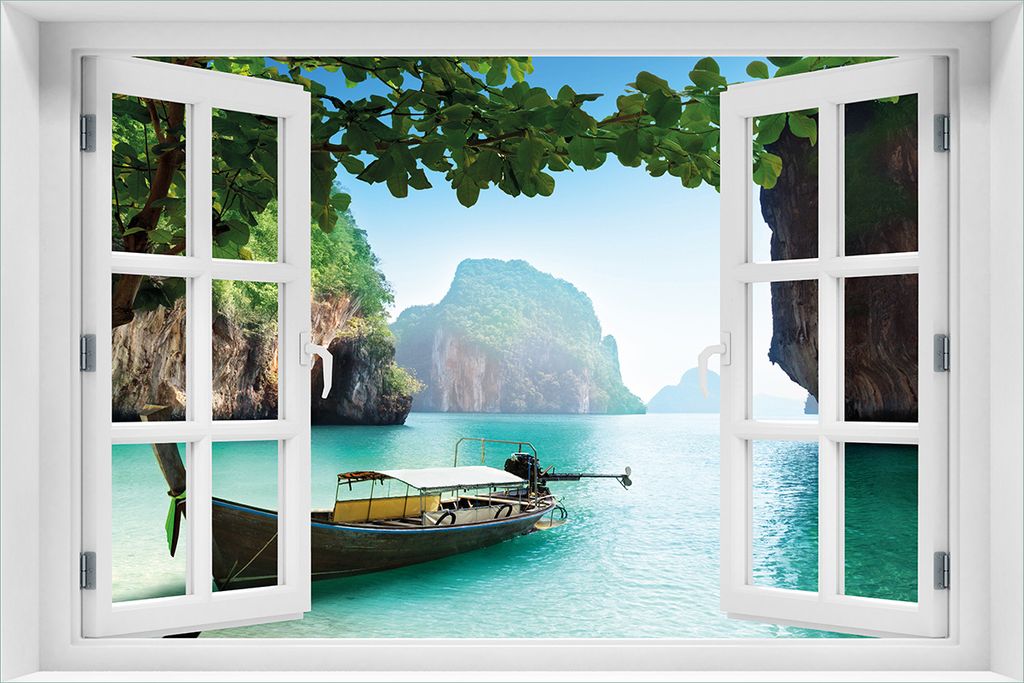 Wallario Wandbild aus Acryl, 60 x 90 cm, freischwebende Optik - Fischerboot in Thailand blaues Meer und Steinfelsen mit Fenster-Illusion