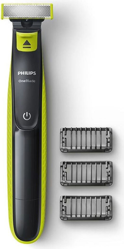 A Philips OneBlade electric shaver and three trimming attachments are displayed against a white background.