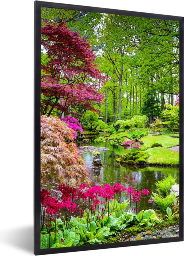 MuchoWow Gerahmtes Poster Bäume - Blumen - Japanisch - Natur - Wasser 60x90 cm - Poster mit Schwarzem Bilderrahmen Wandposter Rahmen Foto Bilder...