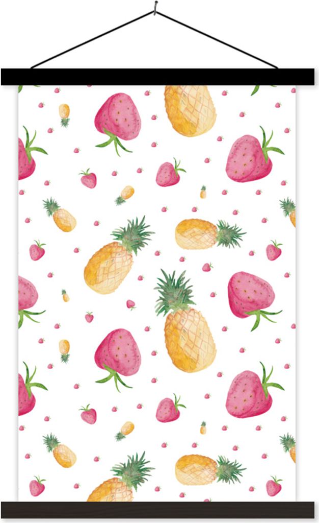 MuchoWow Textilposter Ananas - Erdbeeren - Aquarell 120x180 cm mit schwarzem Rahmen - Fotos