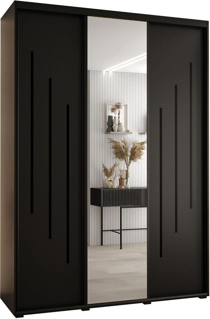 MEBLE KRYSPOL Cannes 9 Schrank mit 3 Schiebetüren - 205,2x180x60 cm - Schwarz Schwarz Schwarz