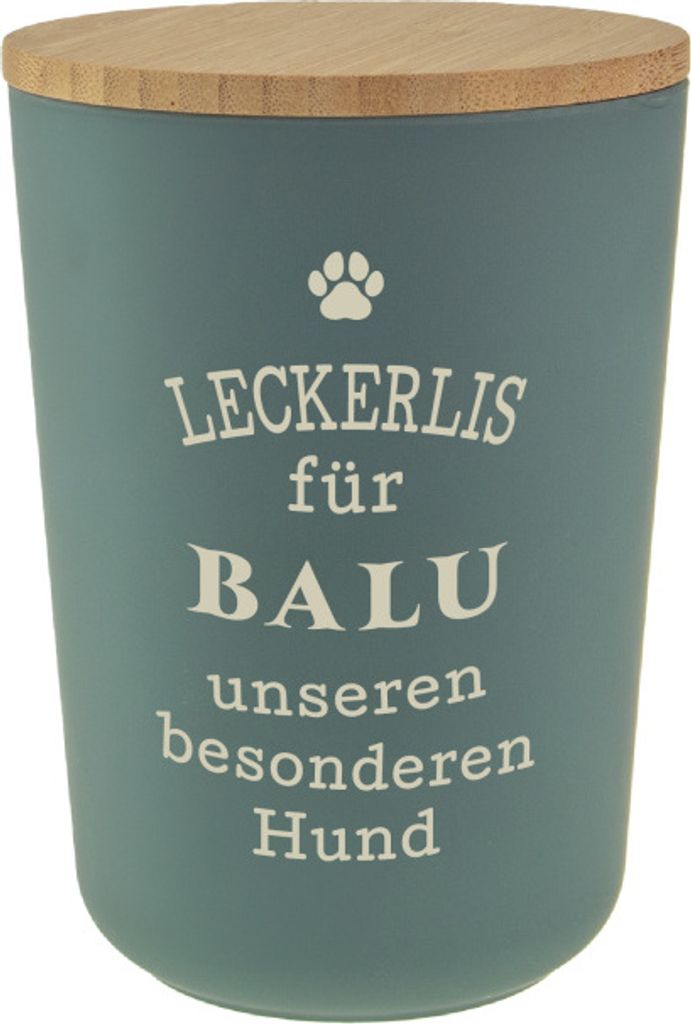Personalisierte Futterdose, Vorratsdose zur Aufbewahrung m.Holzdeckel u. Silikondichtung f.Katzen u. Hunde Accessoires - Leckerlidose Balu