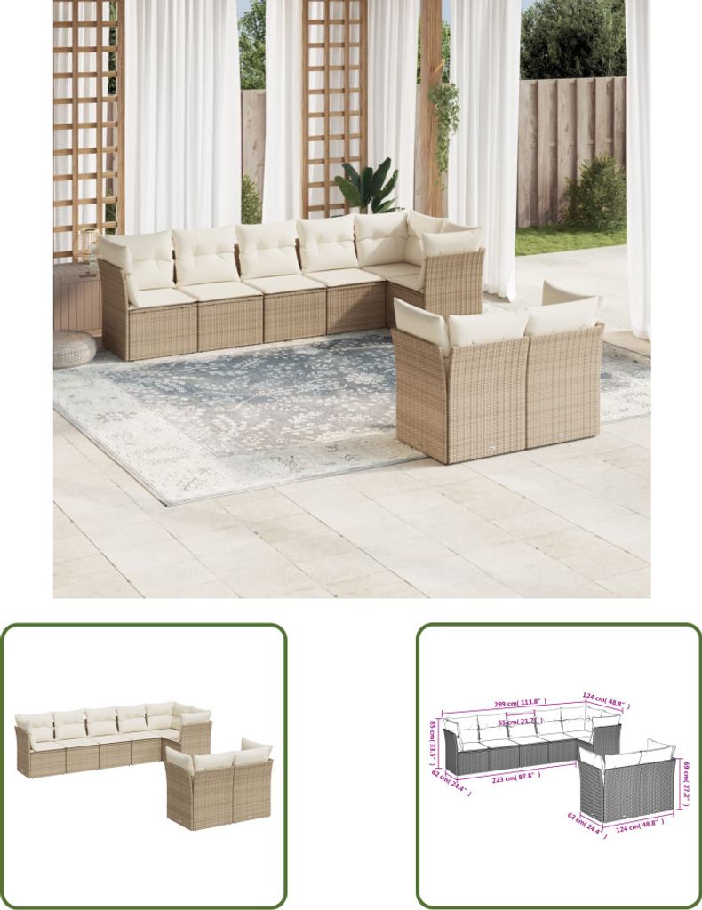 The Living Store 8-tlg. Garten-Sofagarnitur mit Kissen Beige Poly Rattan